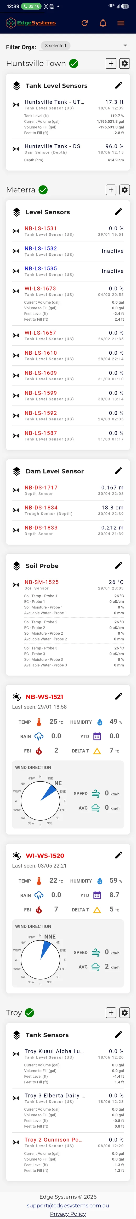 Actual mobile app overview showing tank, dam, soil, and weather sensors grouped by property